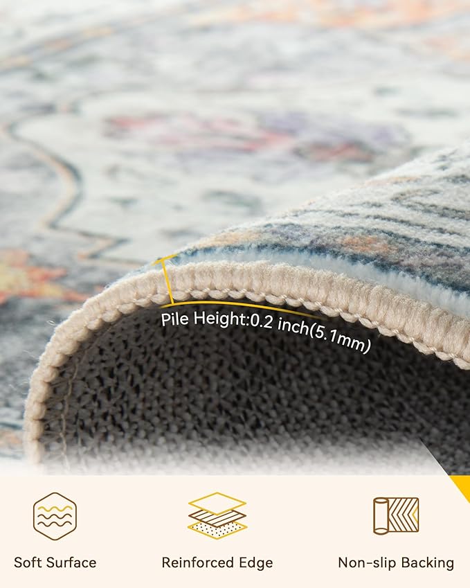 RELEANY Area Rugs 8ft Washable Non-Slip, Floral Vintage Distress Print Pattern Medallion Carpet for Living Room Bedroom Dining Room, Light Yellow Carbon Grey Orange