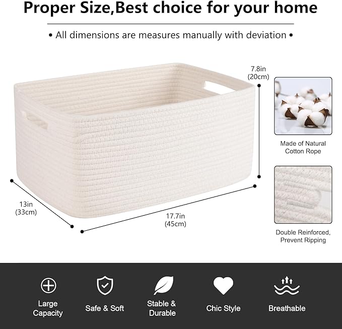 OIASKET Large Storage Basket for Organizing, Woven Rope Basket for Shelves, Closet Organizer Bins for Clothes, Blanket, Toys, Baby Nursery Storage, 17.7" x 13" x 7.87", 2 Packs White