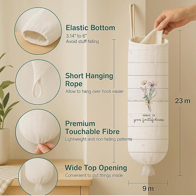 Plastic Bag Holder, Great Is Your Faithfulness Plastic Bag Holder, Reusable Hanging Grocery Bags Organizer, Christian Kitchen Gifts for Women Plastics Bags Holders with Bible Verse