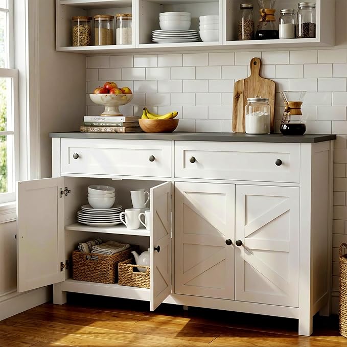 Farmhouse Kitchen Cabinet with Drawers, Rustic Sideboard Buffet Cabinet with Shelves and 4 Doors, Coffee Bar Cabinet, Storage Cabinet for Entryway Living Room Kitchen,White