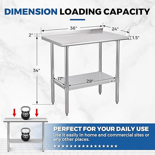 Profeeshaw Stainless Steel Prep Table NSF Commercial Work Table with Backsplash and Undershelf for Kitchen Restaurant 36x24 Inch
