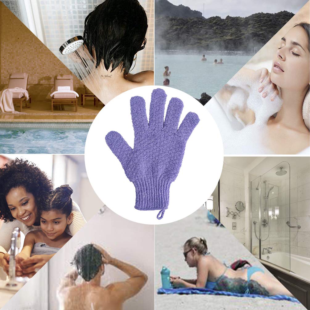 Bath Exfoliating Gloves Scrub - 4 pcs(2 pairs) Lengthened and Large Exfoliating Scrubbing Gloves for Shower, Spa, Massage - Scrub Exfoliating Mitts for Body, Face, Hand （Purple and Beige）