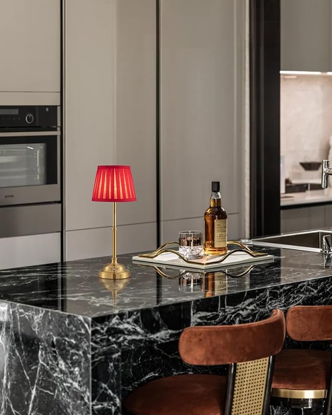 KDG Cordless LED Table Lamp Set of 2, Portables Fabric Shade Desk Lamps, 4000mAh Rechargeable Battery Powered Lighting, Dimmable Light for Dining Room, Bedroom, Bedside, Night Light, Balcony (Red)