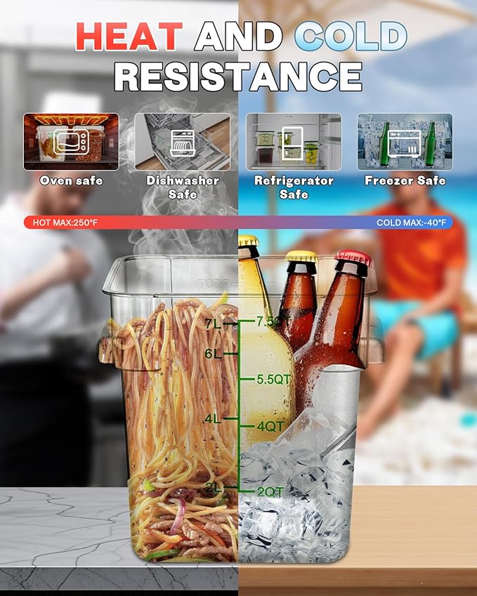 2QT&4QT NSF Food Storage Containers: 8 PCS[Food Grade] [Hot&Cold Resistant] Commercial Clear Square Food Storage Containers with Scales Handles for Home Restaurant Kitchen(BPA FREE)