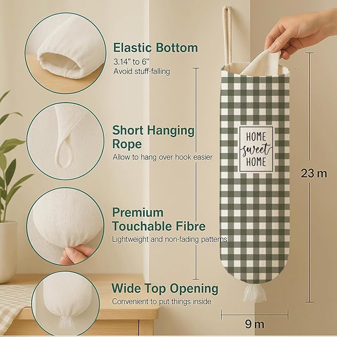 Plastic Bag Holder, Home Sweet Home Plastic Bag Holder for Kitchen Essentials, Olive Green and White Grid Bags Holders for Plastics Bags Groceries Store, Reusable Hanging Trash Sack Dispenser