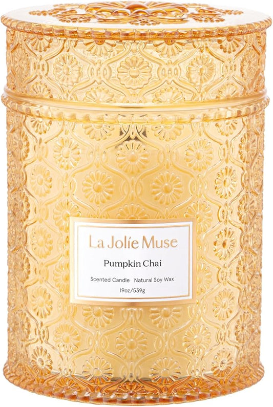 LA JOLIE MUSE Pumpkin Chai Candle – Pumpkin, Spicy Chai & Vanilla Scent | 19 oz Large Wooden Wick| Natural Soy Wax | 90 Hours Clean Burn | Gift-Ready for Autumn Hosting | Seasonal Home Décor
