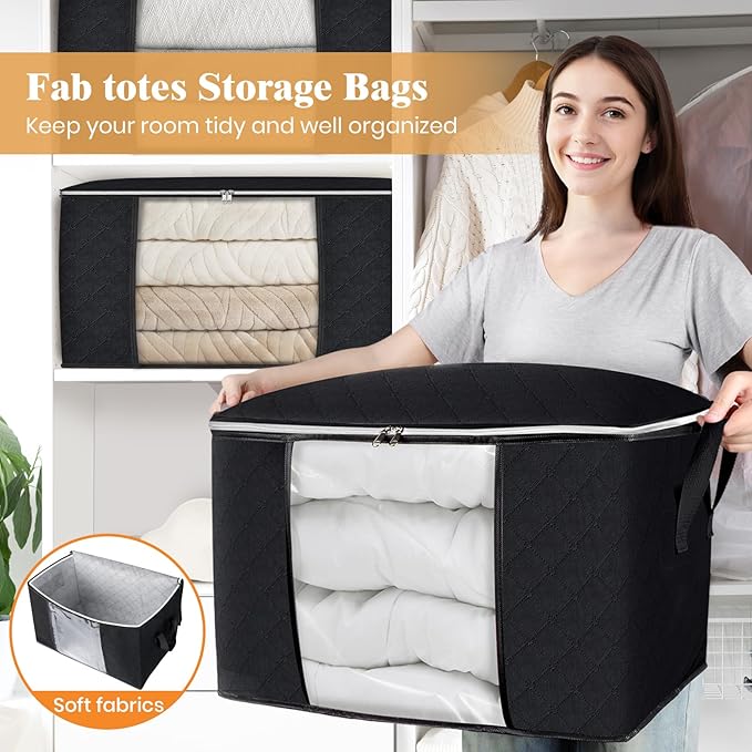 Fab totes 24 Gallons Clothes Storage, Foldable Thick Fabric Blanket Storage Bags, Containers for Organizing Bedroom, Closet, Clothing, Comforter, Organization with Handle (8 Pack,Black)