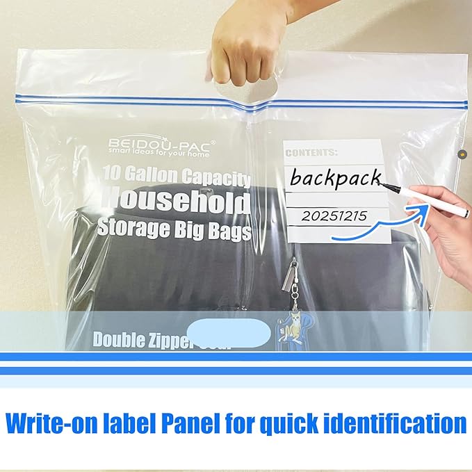 10 Gallon Large Storage Bags with Handle, 25 Counts | Double Zipper Seal | Expandable Bottom, Resealable Clear zip Bags