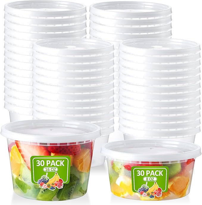 60 Set Deli-Containers-with-Lids: [8oz 16oz] Food-Storage-Containers Combo Pack, Airtight Plastic-Storage-Containers-with-Lids, Microwaveable & Freezer Safe To-Go-Containers