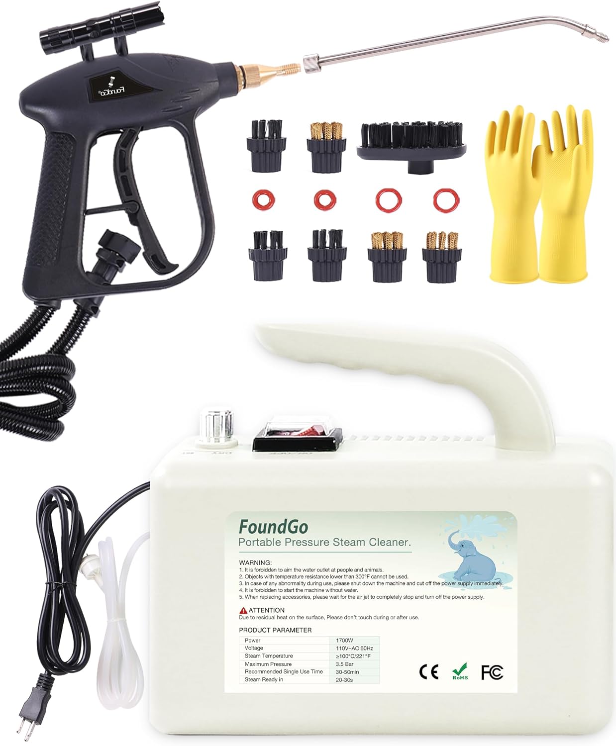 FoundGo 1700W Tankless Handheld Steam Cleaner with 7 Brushes 20s Heating to 239℉ Pressurized Portable Steam Cleaner, Cleaning Home/Kitchen/Car & More-White