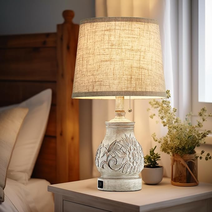 19.5'' Farmhouse Table Lamps for Bedrooms Set of 2 Vintage Bedside Lamps for Nightstand with USB Charging Ports Traditional Rusic Side Table Lamps for Living Room Wooden Carved Floral, Pull Chain