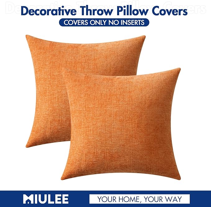MIULEE Pack of 2 Orange Throw Pillow Covers 16x16 Inch Soft Chenille Pillow Covers for Sofa Living Room Couch Solid Dyed Cases