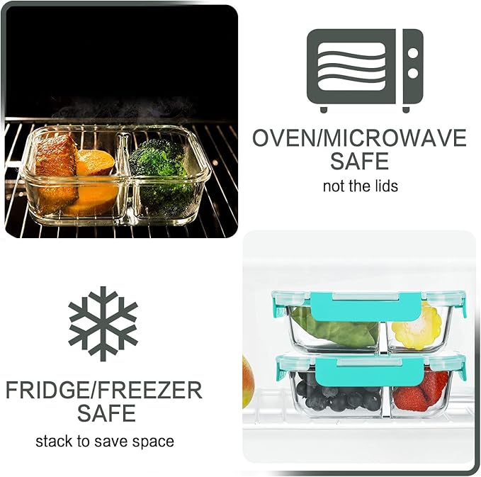 M MCIRCO 10-Pack,30 Oz Glass Meal Prep Containers 2 Compartments Airtight Lunch Bento Boxes with Lids, Glass Food Storage Containers, Microwave, Oven, Freezer and Dishwasher, Green