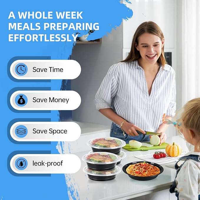 24oz Round Meal Prep Containers with Lids,50-Pack (100 Pcs) Black Disposable Food Storage,Bento Boxes,Stackable,Leak-Proof, BPA-Free,Microwave and Dishwasher Safe