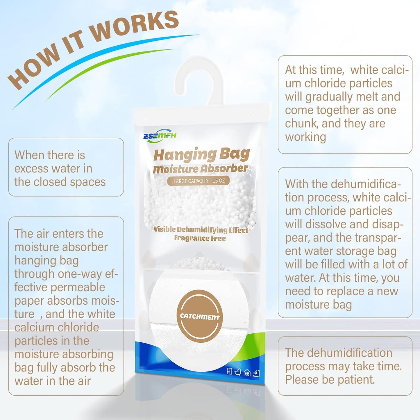 ZSZMFH 10 Pack Moisture Absorber Hanging Bags, Fragrance Free Humidity Packs, 15 OZ Dehumidifier Bags Effectively Trap Extra Moisture,Hanging Closet Dehumidifier Bags-425g/pack