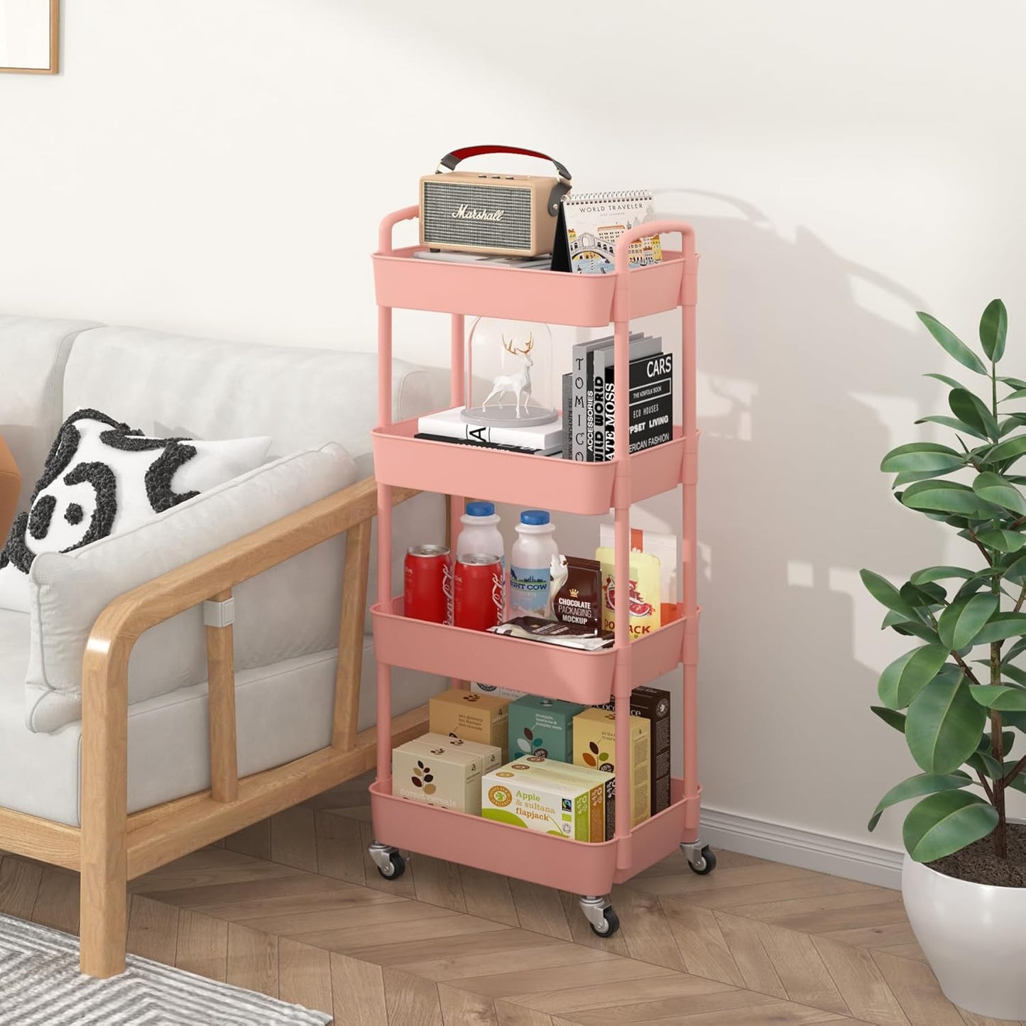 Sywhitta 4-Tier Plastic Rolling Utility Cart with Handle, Multi-Functional Storage Trolley for Office, Living Room, Kitchen, Movable Storage Organizer with Wheels, Pink