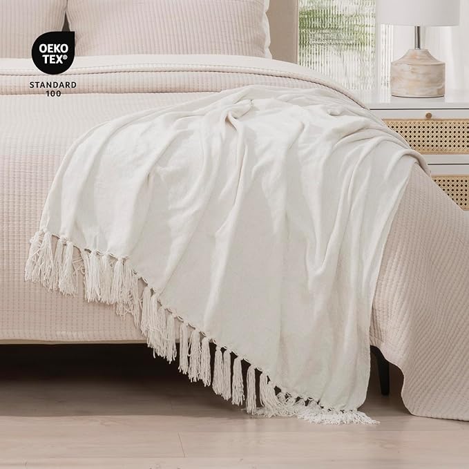 RECYCO Throw Blanket Soft Cozy Chenille Throw Blanket with Fringe Tassel for Couch Sofa Chair Bed Living Room (Ivory White, 60" x 80")