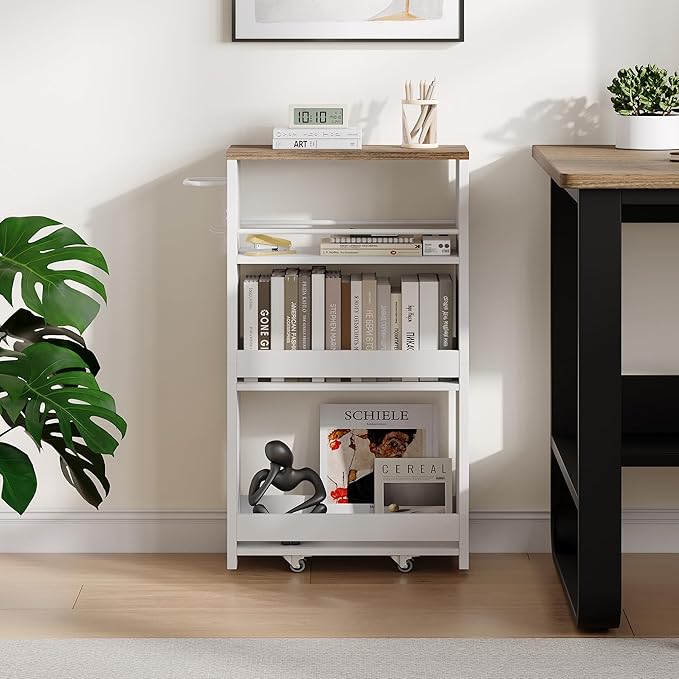 ChooChoo 4-Tier Slim Storage Cart with Handle, 7.87" W Rolling Utility Cart on Universal Wheels, Kitchen Cart Mobile Shelving Organization for Laundry Room, Bathroom & Narrow Places (Walnut & White)