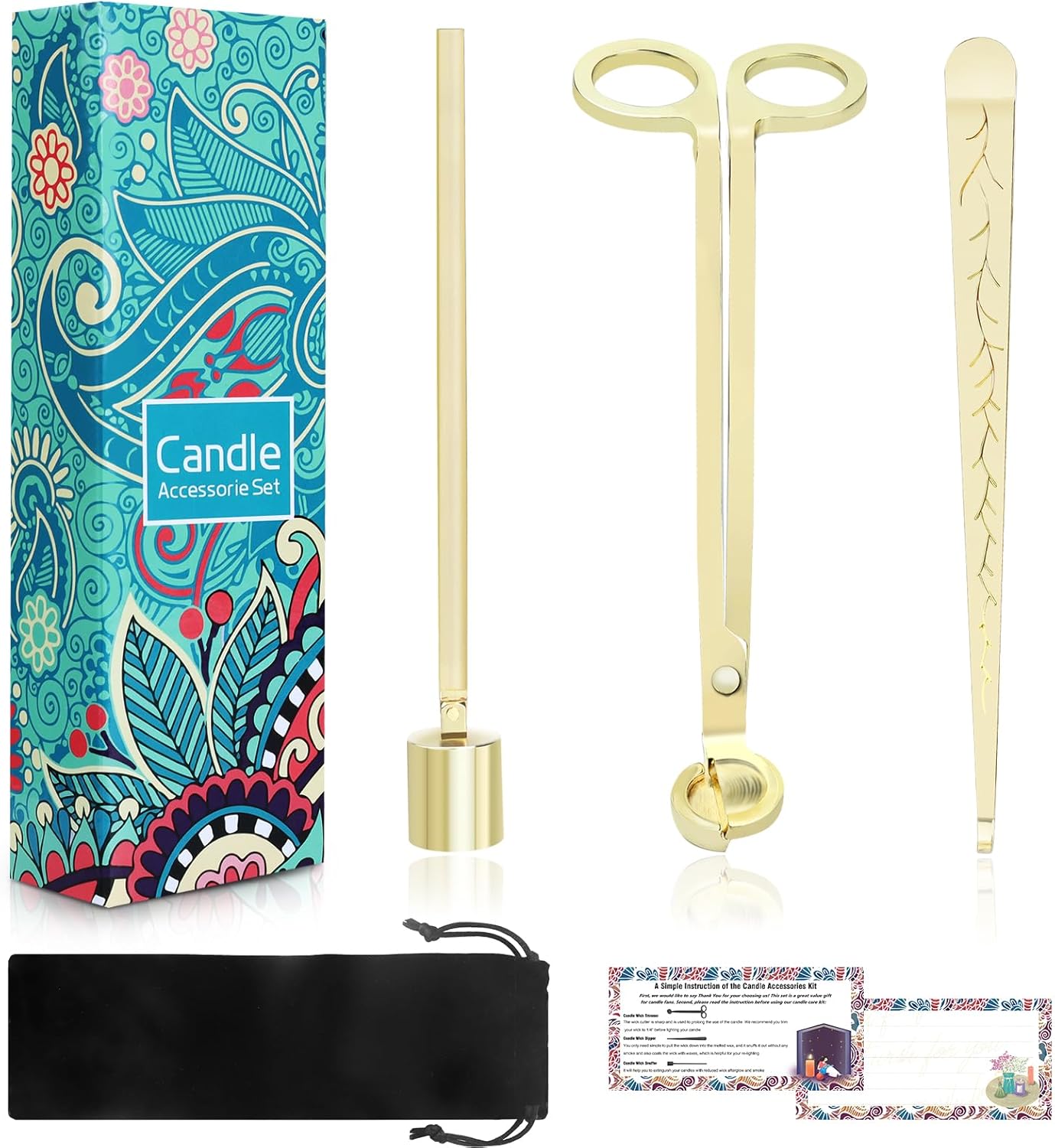4 in 1 Candle Accessories Kit, Wick Trimmer, Candle Snuffer and Wick Trimmer, Candle Snuffer, Candle Wick Dipper with Velvet Pouch, Direction Card- Gift Package for Candle Lovers (Gold)