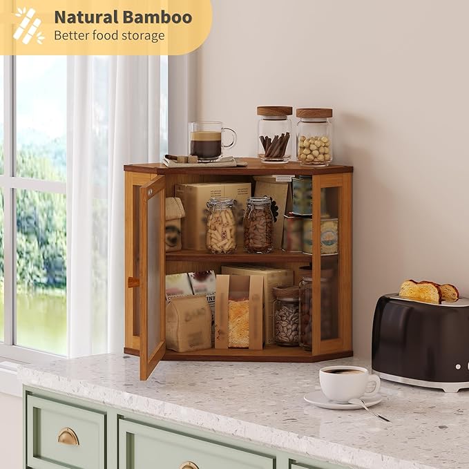 Corner Bread Box for Kitchen Countertop,Bread Storage for Homemade Bread, Double Layer Large Bamboo Kitchen Storage Bin with Window (Brown, Medium)