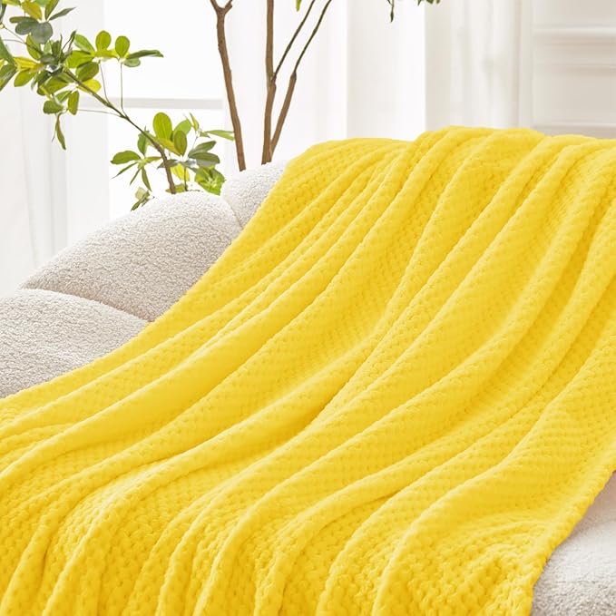 Exclusivo Mezcla Fleece Bed Blanket Twin Size, Super Soft and Warm Blankets for Couch, Sofa and Bed Waffle Textured, Cozy, Fuzzy and Lightweight (Vibrant Yellow, 90x66 Inches)