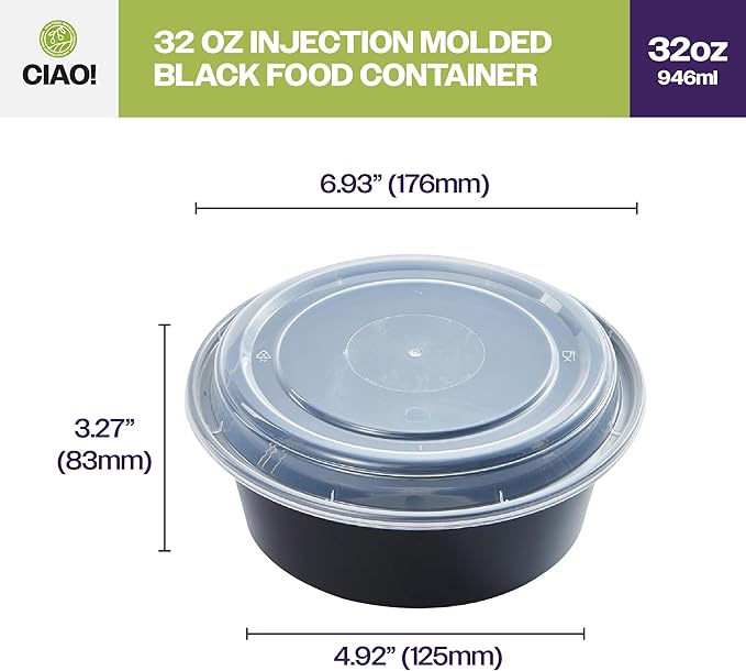 CIAO! Heavy Weight 32oz Injection Molded Microwavable Black Round Food Container with Lid (150/case)