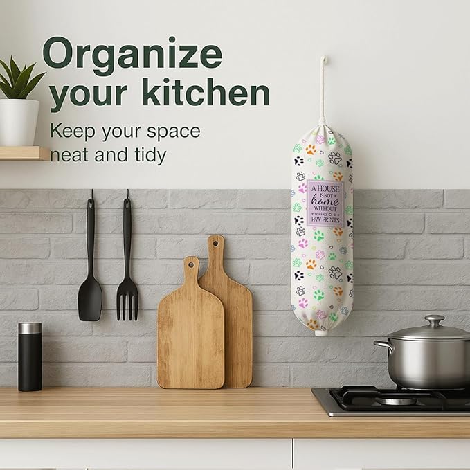 Funny Plastic Bag Holder, Colorful Paw Prints Plastic Bag Holder, Bags Holders for Plastics Bags Groceries Store, Reusable Grocery Sack Storage Dispenser, Kitchen Gifts For Women Family Friends