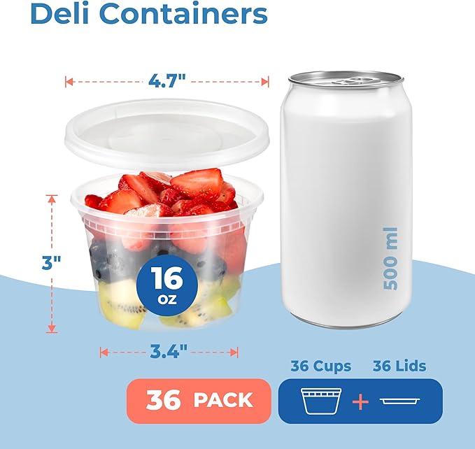 Fit Meal Prep 36 Pack 16 oz Deli Containers with Lids, US Made Leakproof Quart Containers with Lids, Clear Plastic Food Storage Container with Lid, Microwave Freezer Safe Meal Prep Container