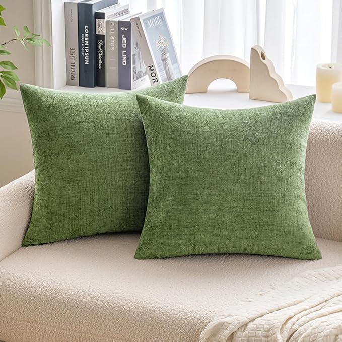 MIULEE Pack of 2 Couch Throw Pillow Covers 26x26 Inch Spring Soft Sage Green Chenille Pillow Covers for Sofa Living Room Solid Dyed Pillow Cases