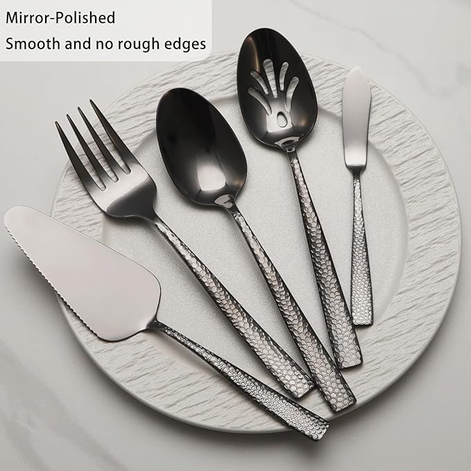 Large Hostess Serving Utensils Set, Stainless Steel Heavy Duty Hammered Serving spoons, Slotted Spoons, Serving Fork, Cake Server, Butter Knife, Dishwasher Safe（Black）