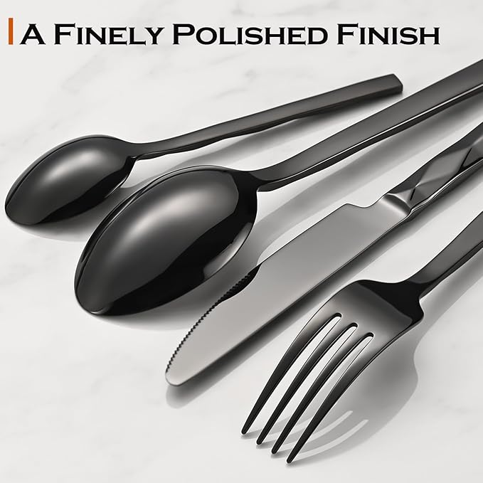 Black Silverware Set, Luxury 30-Piece Flatware Set for 6, Cutlery Set Stainless Steel, Diamond Cut Pattern, Home, Wedding & Party, 18/10 Stainless Steel Tablewaret & Dishwasher Safe Utensils.