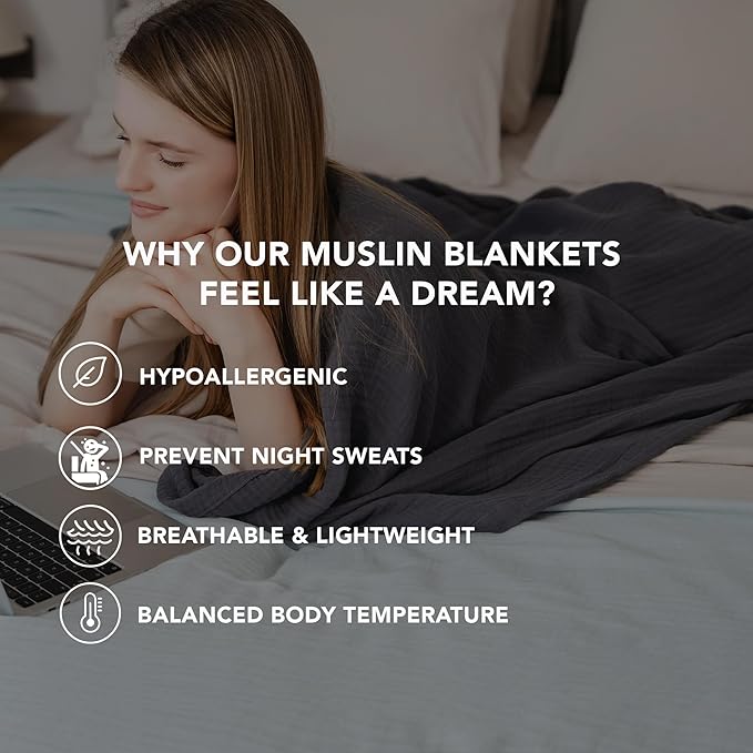 Goqan Muslin Blanket Twin 55x79 – 100% Turkish Cotton 4 Layer Boho Muslin Blanket for Adults, Four Season, Lightweight and Thin, Soft, Breathable - Dark Grey