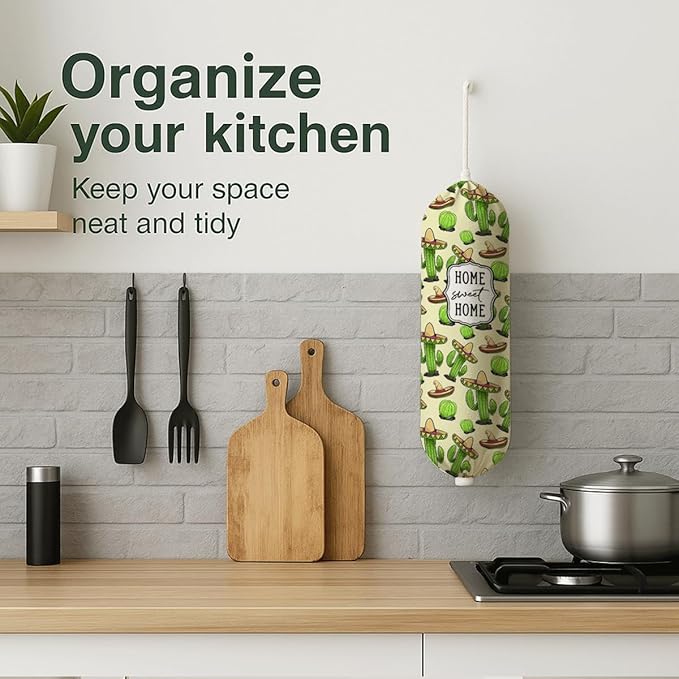 Funny Plastic Bag Holder, Home Sweet Home Plastic Bag Holder, Cactus Bags Holders for Plastics Bags Groceries Store, Reusable Grocery Sack Storage Dispenser, Kitchen Gifts For Women Family Friends