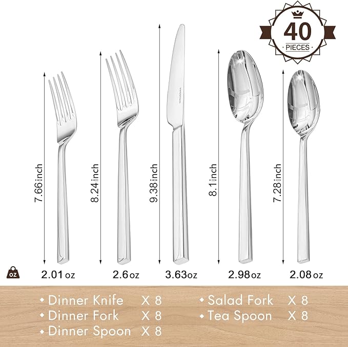 KINGSTONE Silverware Set, 40-Piece Flatware Cutlery Set Premium Stainless Steel, Service for 8, for Kitchen, Home, Wedding, Party, Mirror Polished and Dishwasher Safe