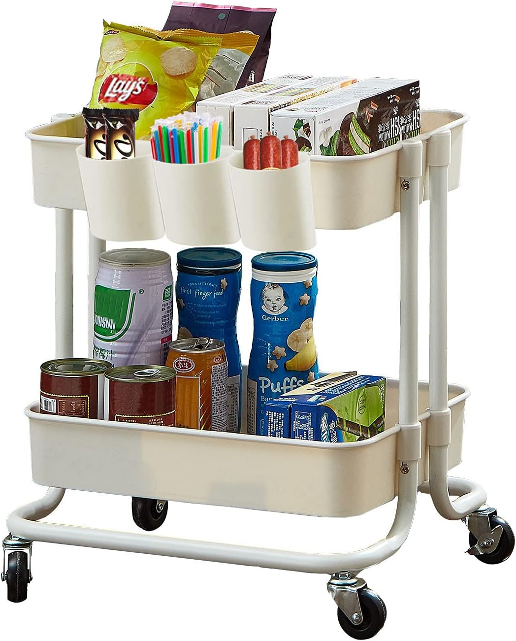 2-Tier Utility Rolling Cart Storage Sofa Side Table with Wheels, Mobile Trolley Organizer with for Office Home Kitchen Organization, Cream White