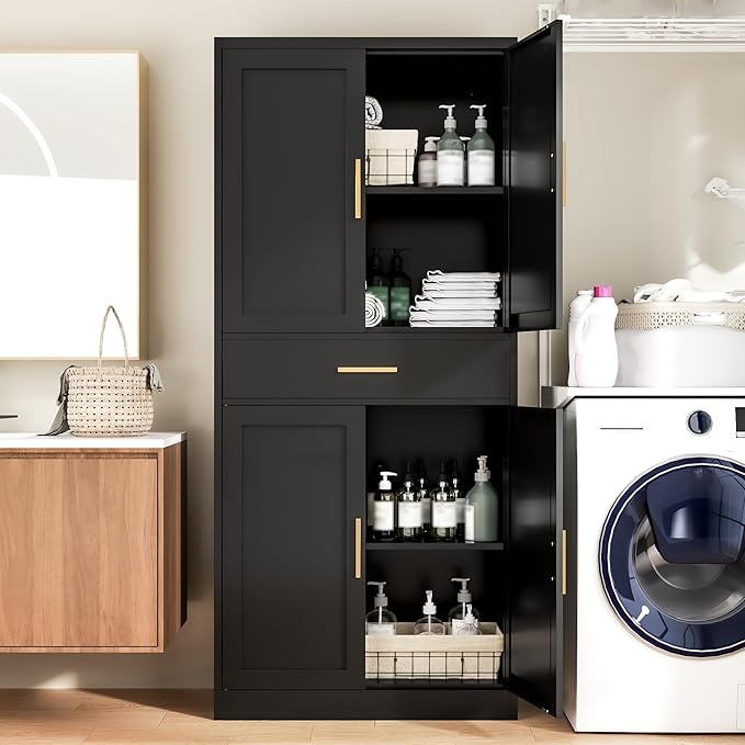 Kitchen Pantry Cabinet,71” Metal Tall Pantry Storage Cabinet with Doors 2 Adjustable Shelves and a Drawer,Kitchen Storage Cabinets Black Freestanding Food Cabinet for Pantries, Kitchen, Dining Room