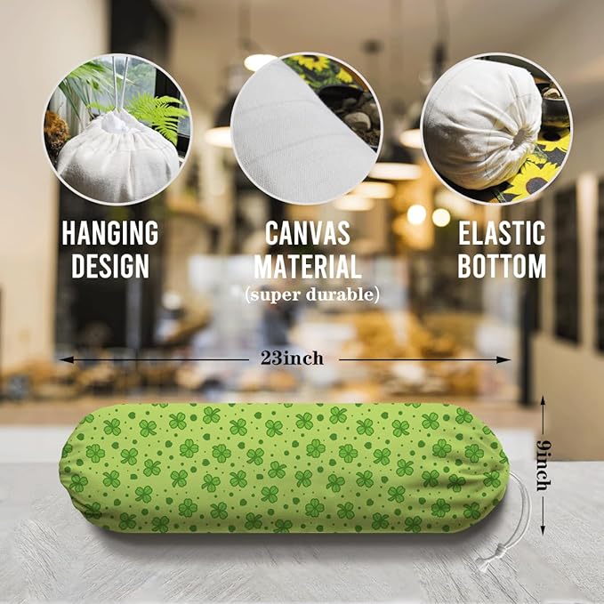 Reusable Grocery Bag Holder, Wall Mounted Organizer Dispenser, Washable Cotton-Linen Storage, St. Patrick’s Day Green Clover & Lucky Shamrock Design, Lucky Pattern for Kitchen Pantry or Cabinet