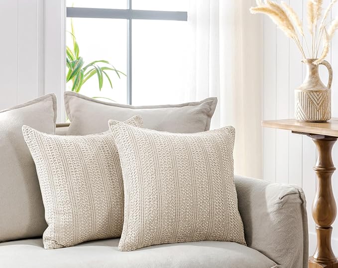 COCOPLOCEUS Khaki Pillow Covers 18x18 Throw Pillow Covers Set of 2 Boho Decorative Pillow Shams Stone Washed Cotton Pillowcase for Couch Sofa Chair Bed Car