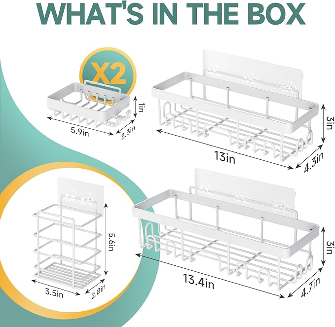Veken Adhesive Shower Caddy 5-Pack,Heavy Weight Bearing,Large Wall Mounted Shower Shelves Rack,Organizer Storage Accessories with Soap Dish&Toothbrush Holder,Ideal for Bathroom,Home&Kitchen,White