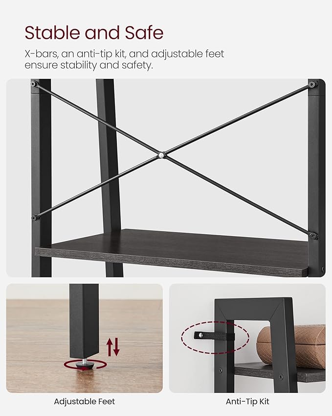 VASAGLE Ladder Shelf, 4-Tier Bookshelf, Storage Rack, Bookcase with Steel Frame, for Living Room, Home Office, Kitchen, Bedroom, Industrial Style, Charcoal Gray and Ink Black ULLS044B04