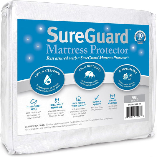 SureGuard Full Size Mattress Protector - 100% Waterproof, Hypoallergenic - Premium Fitted Cotton Terry Cover White