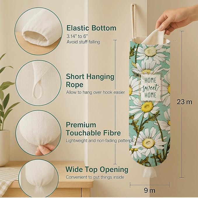 Daisy Plastic Bag Holder, Home Sweet Home Plastic Bag Holder, Bags Holders for Plastics Bags Groceries Store, Floral Reusable Grocery Sack Storage Dispenser for Kitchen Decor