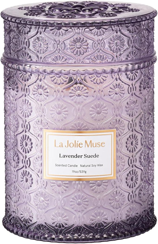 LA JOLIE MUSE Lavender Suede Candle – Eucalyptus, Lavender & Sandalwood 19 oz Large Wooden Wick Candle | Natural Soy Wax | 90 Hours Clean Burn | Aromatherapy Candle for Relaxation