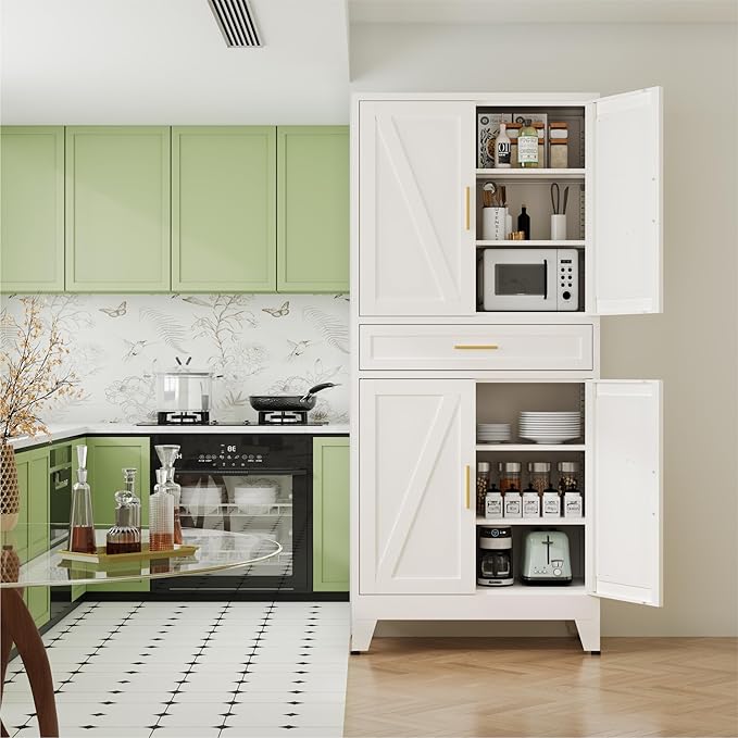 71" Pantry Cabinet in White with 4 Doors & Center Drawer, Max Organization Storage Cabinet with Adjustable Shelves, Freestanding Farmhouse Cupboard for Spacious Kitchen, Dining Room