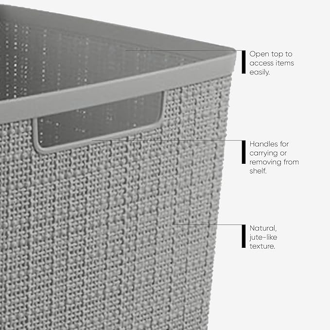 Curver Set of 4 Jute Large Decorative Plastic Organization and Storage Baskets, Perfect Bins for Home Office, Closet Shelves, Kitchen Pantry and All Bedroom Essentials, Grey