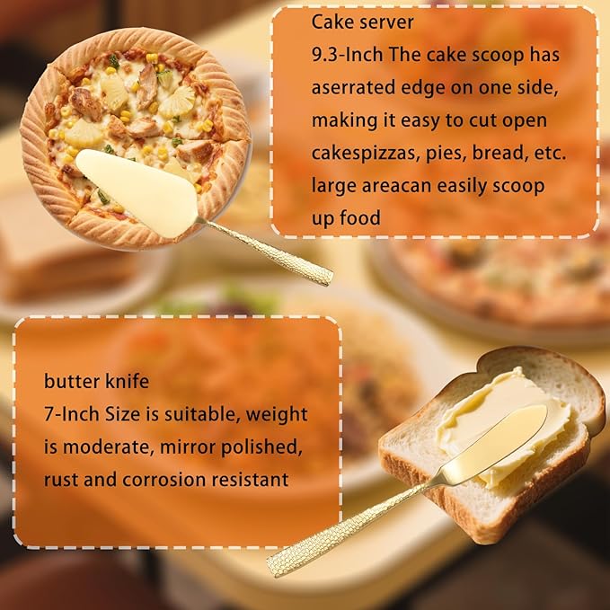 Large Hostess Serving Utensils Set, Stainless Steel Heavy Duty Hammered Serving spoons, Slotted Spoons, Serving Fork, Cake Server, Butter Knife, Dishwasher Safe (Gold)