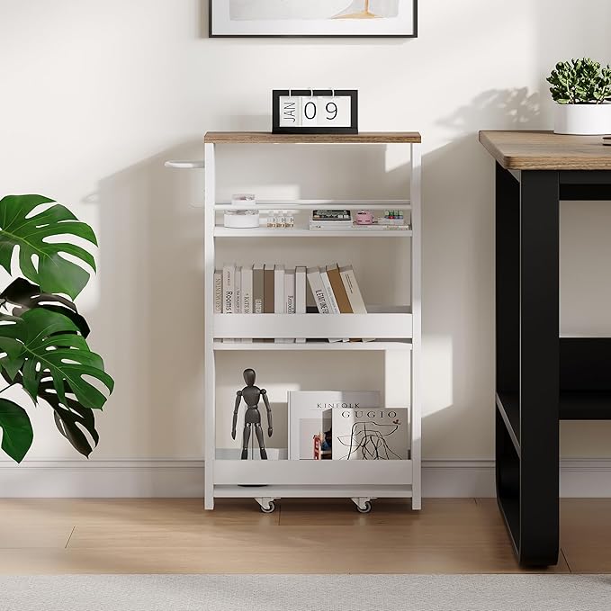 ChooChoo 4-Tier Slim Storage Cart with Handle, 5.51" W Rolling Utility Cart on Universal Wheels, Kitchen Cart Mobile Shelving Organization for Laundry Room, Bathroom & Narrow Place (Walnut & White)
