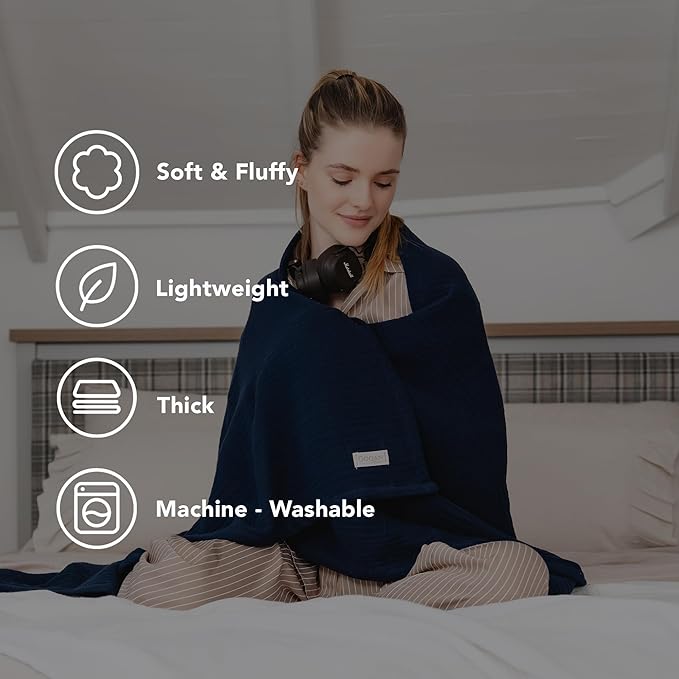 Goqan Muslin Blanket Queen 79x90 – 100% Turkish Cotton 4 Layer Boho Muslin Blanket for Adults, Four Season, Lightweight and Thin, Soft, Breathable for Bed, Couch - Navy