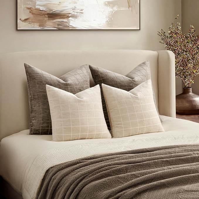 MIULEE Decorative Chenille Check Throw Pillow Covers Vintage Plaid Couch Pillows 20x20 Inch Set of 2 Neutral Boho Farmhouse Cushion Covers Modern Spring Home Decor for Sofa Bed Living Room Beige