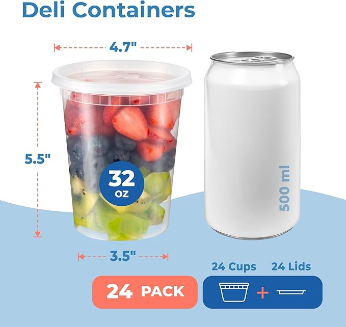 Fit Meal Prep 24 Pack 32 oz Deli Containers with Lids, US Made Leakproof Quart Containers with Lids, Clear Plastic Food Storage Container with Lid, Microwave Freezer Safe Meal Prep Container